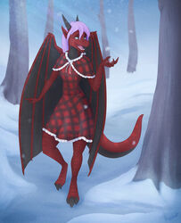  2019 absurd_res anthro clothed clothing detailed_background dragon female foxyghost hi_res holidays mythological_creature mythological_scalie mythology open_mouth outside scalie snow solo tail teeth wings winter 