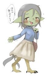  accessory anthro avian bag beak bird blush bottomwear clothing dialogue doneru feet female green_body grey_hair hair hair_accessory hairpin hi_res holding_object inviting japanese_text narrowed_eyes purse quaise_(doneru) skirt solo talons text toes translation_request walking 