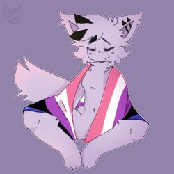  1:1 ambiguous_gender anthro closed_eyes ear_piercing flag flag_(object) fur genderfluid_pride_colors hybrid lgbt_pride nonbinary_(lore) piercing pride_color_flag pride_colors purple_background purple_body purple_fur queel_0w0 simple_background sitting solo tu_(tuthegriffox) wearing_flag 