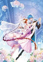  1boy blue_hair braid braided_ponytail brown_hair chandelier collar commentary_request cover douluo_dalu dress female floating flower formal highres holding_hands indoors long_sleeves mu_fengchun official_art ponytail purple_dress suit tang_san third-party_source xiao_wu_(douluo_dalu) 