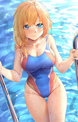  bare_arms bare_shoulders blue_eyes blush breasts cleavage closed_mouth collarbone competition_swimsuit cowboy_shot day female groin large_breasts long_hair looking_at_viewer multicolored_clothes multicolored_swimsuit one-piece_swimsuit orange_hair outdoors pool pool_ladder ray_(pixiv9514208) rodney_(warship_girls_r) smile solo sunlight swimsuit thigh_gap thighs warship_girls_r water 