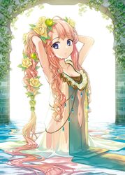  apple arch arms_behind_head arms_up bare_arms blue_eyes body_chain braid breasts cleavage clothing_cutout commentary_request cowboy_shot dress elf female flower flower_braid food frills fruit gem hair_flower hair_fruit hair_ornament hands_in_hair head_tilt highres leaf long_hair looking_at_viewer navel navel_cutout okeno_kamoku original parted_lips plant pointy_ears red_hair school_uniform see-through serafuku sidelocks sleeveless sleeveless_dress small_breasts solo standing very_long_hair vines wading water wet wet_clothes white_background yellow_flower 