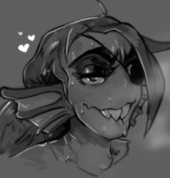  2023 bite biting_lip biting_own_lip bodily_fluids eye_patch eyewear female fish greyscale heart_symbol latchk3y looking_at_viewer marine monochrome self_bite simple_background smile smiling_at_viewer solo sweat teeth undertale_(series) undyne 