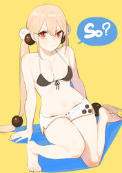  bad_id bad_twitter_id barefoot beijuu bikini bikini_top_only black_bikini blonde_hair breasts cleavage copyright_request dolphin_shorts female front-tie_bikini_top front-tie_top hair_between_eyes hair_bobbles hair_ornament highres long_hair micro_shorts navel red_eyes shorts sitting small_breasts solo speech_bubble sweatdrop swimsuit twintails very_long_hair wariza xiaoyuan_(you_can_eat_the_girl) you_can_eat_the_girl 