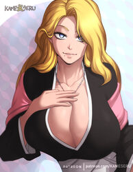  1girls beauty_mark big_breasts bleach blonde_hair blue_eyes breasts busty cleavage clothed clothed_female clothes clothing eye_contact female female_only fully_clothed huge_breasts kameseru large_breasts long_hair looking_at_viewer matsumoto_rangiku solo 