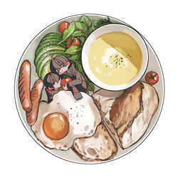  2boys ahoge avocado bad_link black_coat black_eyes black_hair bowl bread bread_slice cherry_tomato coat commentary_request covered_mouth cream egg_(food) fatalbug896 food food_focus fried_egg from_above hair_between_eyes high_collar highres holding holding_food holding_vegetable in_food long_sleeves looking_at_viewer male_focus mini_person miniboy multiple_boys nichts_(fatalbug896) original plate salad sausage short_hair simple_background sleeves_past_fingers sleeves_past_wrists smile soup tomato turtleneck vegetable white_background wille_(fatalbug896) 