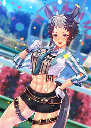  abs animal_ears brown_hair confetti crop_top cropped_jacket female gloves hand_on_own_hip highres horse_ears horse_girl horse_tail mejiro_ryan_(umamusume) multicolored_hair nanakichi purple_eyes short_hair short_shorts shorts smile solo sweat tail tomboy toned two-tone_hair umamusume white_gloves white_hair 