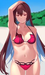  arm_up beach bikini blue_sky breasts day fate/grand_order fate_(series) female hair_intakes highres horizon kameponde large_breasts looking_at_viewer navel outdoors pink_bikini purple_bikini purple_hair red_eyes sand scathach_(fate) scathach_(swimsuit_assassin)_(fate) sky smile solo swimsuit tree 