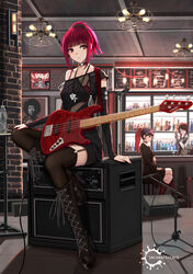  3girls amplifier bass_guitar boots bottle brick_wall cable choker cross cross_earrings earrings fender_jazz_bass garter_straps guitar_case high_heel_boots high_heels highres indoors instrument instrument_case jewelry jimi_hendrix knee_boots long_sleeves microphone microphone_stand multiple_girls original platform_boots platform_footwear platform_heels prs_guitar red_eyes red_hair revision rock_(music) sitting sitting_on_object solo_focus the_who thighhighs thighhighs_under_boots water_bottle yuzuriha_(atelier_liang) 