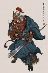  2021 anthro armor asian_clothing asian_mythology barefoot bovid bovine cattle chinese_clothing chinese_mythology chinese_text clothed clothing east_asian_clothing east_asian_mythology fantasy feet fully_clothed lamellar_armor looking_at_viewer male mammal muyang_fort mythology solo text twenty-eight_mansions warrior 