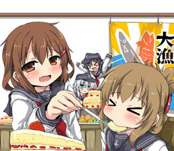  &gt;_&lt; 4girls akatsuki_(kancolle) anchor_symbol blue_eyes blush blush_stickers brown_eyes brown_hair cake closed_eyes commentary_request eating feeding folded_ponytail food grey_hair hibiki_(kancolle) ikazuchi_(kancolle) inazuma_(kancolle) kantai_collection long_hair looking_at_viewer multiple_girls neckerchief oerba_yun_fang open_mouth oshiruko_(uminekotei) outstretched_arms photoshop_(medium) purple_hair red_neckerchief school_uniform serafuku skin_fang sparkle spoon tairyou-bata 