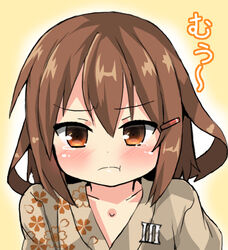  :t blush brown_eyes brown_hair commentary_request female floral_print hair_ornament hairclip ikazuchi_(kancolle) japanese_clothes kantai_collection kimono looking_at_viewer lowres oshiruko_(uminekotei) photoshop_(medium) short_hair solo tears translated yukata 