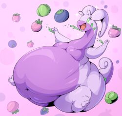  2022 ambiguous_gender belly berry big_belly cel_shading curled_tail digital_drawing_(artwork) digital_media_(artwork) food fruit generation_6_pokemon goodra hi_res huge_belly hyper hyper_belly lum_berry magost_berry navel nintendo oran_berry pecha_berry pink_background plant pokemon pokemon_(species) pokemon_berry rawst_berry shaded simple_background slime solo tail thick_thighs veryfilthything 