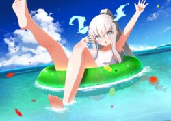  absurdres aqua_eyes arm_up barefoot cloud day dragon_girl feet female flat_chest fukurou_(hukurou) grey_hair highres holographic_horns ibuki_meno innertube long_hair multicolored_eyes ocean one-piece_swimsuit open_mouth ponytail prism_project purple_eyes soles solo swim_ring swimsuit tail_removed toes virtual_youtuber white_one-piece_swimsuit 