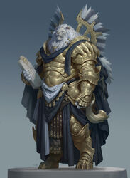  armor blue_eyes breastplate cape clothing couter cuirass cuisse digital_media_(artwork) digital_painting_(artwork) ear_piercing ear_ring felid fingerless_gloves full-length_portrait fur gauntlets gloves gold_(metal) gold_armor greaves handwear hi_res horn_(musical_instrument) leather leather_armor lion male mammal musical_instrument pantherine pauldron piercing plackart plate_armor poleyn portrait pteruges rerebrace ring_piercing sabatons simple_background solo standing stone_tablet tablet tassets tooth_wu vambrace white_body white_fur wind_instrument 