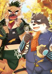  2boys animal_ears animal_hands autumn autumn_leaves belly brown_fur claws commentary_request dog_boy dog_ears dog_tags fangs food furry furry_male gloves green_eyes green_gloves green_hair haiiro_oekaki highres male_focus midriff_peek moritaka_(housamo) multiple_boys open_mouth orange_scarf plump roasted_sweet_potato scar scar_on_face scarf short_hair short_sleeves smile sweatdrop sweet_potato thick_eyebrows thighs tokyo_afterschool_summoners yasuyori_(housamo) 