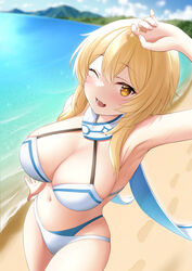  akira_(sayo_dayoo) arm_up armpits bad_id bad_twitter_id beach bikini blonde_hair blurry blurry_background breasts cleavage day female footprints genshin_impact highres large_breasts looking_at_viewer lumine_(genshin_impact) navel ocean one_eye_closed open_mouth outdoors swimsuit thighs water white_bikini yellow_eyes 