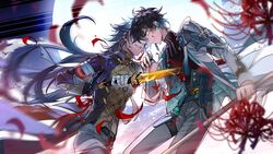  2boys aqua_jacket bandaged_hand bandages belt black_belt black_coat black_gloves black_hair black_shirt blade_(honkai:_star_rail) blood blue_hair brown_belt chinese_clothes coat covered_eyes cowboy_shot dan_heng_(honkai:_star_rail) dark_blue_hair earrings evil_grin evil_smile falling_petals flower from_above full_moon gloves green_eyes grey_pants grin hair_between_eyes hair_over_one_eye highres holding holding_polearm holding_sword holding_weapon honkai:_star_rail honkai_(series) huge_moon impaled jacket jewelry limaomao long_hair long_sleeves looking_at_another male_focus mismatched_earrings moon motion_blur multicolored_clothes multicolored_jacket multiple_boys night pants petals polearm profile red_flower red_spider_lily reverse_grip shirt short_hair single_glove smile spider_lily sword thigh_strap two-tone_jacket weapon white_jacket 