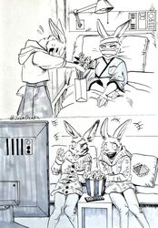  2023 5_fingers ako_(beastars) anthro bag bandage bandaged_head beastars bed bottomwear breasts clothed clothing controller domestic_rabbit duo dwarf_rabbit electronics facial_scar female fingers flower food fur furniture haru_(beastars) hi_res hospital_bed hospital_room humanoid_hands joze_osaka lagomorph leporid mammal netherland_dwarf_rabbit open_mouth oryctolagus plant popcorn rabbit remote_control scar signature skirt sofa sweater teeth television topwear watching_movie 