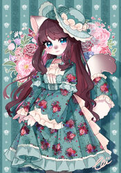  accessory alternative_fashion anthro biped black_nose blue_eyes blush brown_body brown_ear_tips brown_ears brown_fur brown_hair brown_tail brown_tail_tip cheek_tuft choker classic_lolita clothed clothing colored country_lolita digital_media_(artwork) dipstick_ears dipstick_tail domestic_cat dress ear_markings eyelashes facial_tuft felid feline felis female fingers floral_background floral_pattern floral_print flower flower_accessory fluffy fluffy_tail frilly frilly_clothing frilly_dress front_view fully_clothed fur furgonomics glistening glistening_eyes green_background green_clothing green_dress green_hat green_headwear green_theme hair hat headgear headwear hi_res humanoid_hands j-fashion jewelry kemono lips lolita_(fashion) long_hair looking_at_viewer mammal markings monotone_hair multicolored_body multicolored_clothing multicolored_dress multicolored_ears multicolored_eyes multicolored_fur multicolored_tail necklace pattern_background pawpads pink_eyes pink_inner_ear pink_lips pink_pawpads plant portrait print_clothing print_dress pupils rose_(flower) shaded simple_background solo standing tai_tai_kun tail tail_accessory tail_clothing tail_markings tailband three-quarter_portrait three-quarter_view tuft two_tone_body two_tone_ears two_tone_eyes two_tone_fur two_tone_tail whiskers white_body white_clothing white_dress white_ears white_fur white_tail 