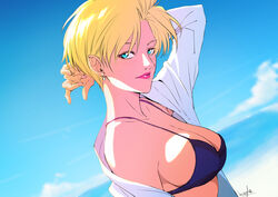  absurdres blonde_hair blue_bra blue_eyes bra breasts cleavage cloud earrings female highres jewelry king_(snk) large_breasts lipstick looking_at_viewer makeup open_clothes open_shirt ryuuko_no_ken shirt short_hair signature sky solo strikebeagle the_king_of_fighters underwear white_shirt 