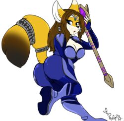  anthro ass blue_eyes boots breasts brown_hair canid canine claire_o&#039;conell clothing female footwear fox hair jumpsuit krystal_(star_fox) mammal nintendo phuufy solo staff star_fox tagme tail uberquest yellow_body 