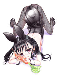  all_fours animal_ears ass black_hair breasts hidaka_medaka highres original pantyhose photoshop_(medium) playboy_bunny rabbit_ears small_breasts twintails 