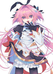  1boy absurdres astolfo_(fate) astolfo_(saber)_(fate) astolfo_(saber)_(third_ascension)_(fate) black_bow black_gloves black_ribbon blush bow bowtie commentary dress fate/grand_order fate_(series) gloves hair_intakes hair_ornament hair_ribbon hairbow highres long_hair long_sleeves looking_at_viewer male_focus multicolored_hair oerba_yun_fang otoko_no_ko pink_hair purple_eyes ribbon simple_background solo streaked_hair tongue tongue_out twintails white_background white_hair zuho_(vega) 