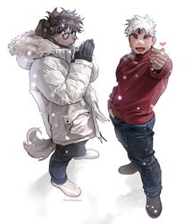  2boys akiha_gongen_(housamo) alternate_costume animal_ears bandaid bandaid_on_face bandaid_on_nose bara blush braid catoblepas_(housamo) coat crown_braid dark-skinned_male dark_skin dog_boy dog_ears dog_tail facial_hair finger_heart full_body fur-trimmed_coat fur_trim furry furry_male glasses goatee hand_to_own_mouth heart highres horns looking_at_viewer male_focus monster_boy multiple_boys muscular muscular_male oerba_yun_fang open_mouth pants ponytail red_shirt scar scar_on_face shirt shoes short_hair simple_background single_horn smile snowing swept_bangs tail thick_eyebrows tokyo_afterschool_summoners twitter_username wasp_(anthyutena) white_background white_hair winter_clothes 