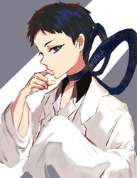  1boy absurdres bad_id bad_twitter_id bishounen_series black_hair blue_eyes blue_ribbon chinese_commentary commentary_request ekubokayo finger_to_mouth grey_background highres long_sleeves looking_at_viewer male_focus neck_ribbon ribbon school_uniform shirt short_hair sleeves_past_fingers sleeves_past_wrists solo two-tone_background very_short_hair white_background white_shirt yubiwa_high_school_uniform yubiwa_sousaku 