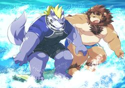  2020 anthro ayame42612 barazoku belly brown_body brown_fur canid canine canis clothing duo felid fenrir_(tas) fur hi_res kemono lifewonders lion male mammal moobs nipples overweight overweight_male pantherine shirt surfboard surfing swimwear tokyo_afterschool_summoners topwear vehicle water watercraft wolf 