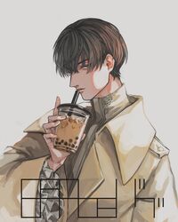  1boy absurdres artist_logo black_eyes black_hair bubble_tea coat commentary cup disposable_cup drinking_straw fatalbug896 frilled_sleeves frills grey_background highres holding holding_cup long_sleeves looking_at_viewer male_focus nichts_(fatalbug896) original parted_lips profile shirt short_hair sideways_glance signature simple_background solo upper_body watermark wide_sleeves yellow_coat yellow_shirt 