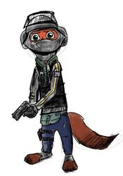  anthro armor bad_trigger_discipline body_armor canid canine claws clothed clothing dipstick_tail disney fox gun handgun headgear helmet holding_gun holding_handgun holding_object holding_pistol holding_ranged_weapon holding_weapon humantrashmachine looking_at_viewer male mammal markings mask nick_wilde pistol ranged_weapon red_fox simple_background solo tail tail_markings toe_claws true_fox uniform weapon white_background zootopia 