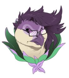  alpha_channel anthro avian beak bird black_sclera bust_portrait decidueye eyewear feathers female gabe_(onom) generation_7_pokemon glare glasses hair neltruin nintendo pokemon pokemon_(species) portrait purple_body purple_eyes purple_feathers purple_hair solo 