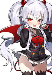  black_dress black_panties black_sailor_collar black_thighhighs blush bombergirl breasts buttons covered_navel cowboy_shot demon_girl demon_horns double-breasted dress female grim_aloe highres horns long_hair long_sleeves looking_at_viewer open_mouth panties quiz_magic_academy_the_world_evolve raised_eyebrows red_eyes red_horns sailor_collar sailor_dress shimejinameko short_dress sidelocks small_breasts smile smug solo thighhighs thighs twintails underwear very_long_hair white_hair 