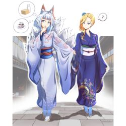  2girls ? absurdres alcohol animal_ear_fluff animal_ears architecture artist_name azur_lane blonde_hair blue_eyes blue_kimono city commentary_request cup dango east_asian_architecture food fox_ears fox_tail full_body geta green_tea grey_hair highres hood_(azur_lane) hood_(porcelain_grace)_(azur_lane) japanese_clothes kaga_(azur_lane) kaga_(gentle_blossom&#039;s_sigh)_(azur_lane) kimono kitsune kyuubi long_sleeves looking_at_another madakov_kodima multiple_girls multiple_tails obi obiage obijime official_alternate_costume pigeon-toed plate sake sash saucer short_hair signature swept_bangs tabi tail tea thinking tokkuri wagashi walking wide_sleeves yunomi 