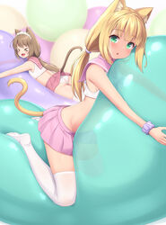  &gt;_&lt; 2girls :d :o animal_ears ass bare_arms bare_shoulders blonde_hair brown_hair cat_ears cat_girl cat_tail commentary crop_top green_eyes headdress highres hugging_object inflatable_toy long_hair looking_at_viewer midriff miniskirt multiple_girls no_shoes open_mouth original panties pink_sailor_collar pink_skirt pleated_skirt sailor_collar sasaame school_uniform scrunchie serafuku shirt skirt sleeveless sleeveless_shirt smile symbol-only_commentary tail tail_raised thighhighs thighs torte_(sasaame) underwear white_panties white_shirt white_thighhighs wrist_scrunchie xd zettai_ryouiki 