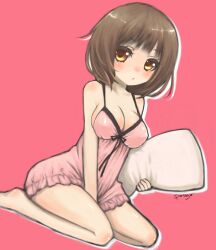  bad_id bad_pixiv_id bare_shoulders barefoot between_legs blush breasts brown_hair cleavage dutch_angle female from_side full_body hand_between_legs highres looking_at_viewer medium_breasts miyamae_porin nightgown original parted_lips pillow pink_background pursed_lips ribbon seiza shadow short_hair sideboob signature simple_background sitting solo strap_gap underwear underwear_only yellow_eyes 