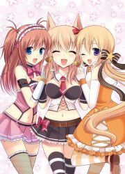  3girls :d ;d ^_^ agekichi_(heart_shape) animal_ears bad_id bad_link bad_nicoseiga_id bell belt blonde_hair blue_eyes borrowed_character breasts brown_hair chiriko_(atlanta) cleavage closed_eyes dress elbow_gloves fishnets gloves hair_bell hair_ornament jingle_bell kuu_(agekichi) leg_up long_hair looking_at_viewer maid_headdress medium_breasts multiple_girls navel oerba_yun_fang one_eye_closed open_mouth original pantyhose purple_hair short_twintails skirt smile star_(symbol) striped_clothes striped_thighhighs ten&#039;inkou_korin thighhighs twintails white_gloves 