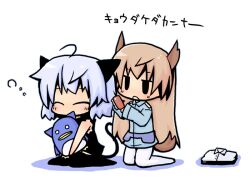  2girls ahoge animal_ears bird brushing_another&#039;s_hair brushing_hair cat_ears cat_girl cat_tail commentary_request dog_ears dog_girl dog_tail eila_ilmatar_juutilainen fox_ears fox_girl fox_tail luu multiple_girls pantyhose penguin sanya_v._litvyak sleepy strike_witches stuffed_animal stuffed_toy tail world_witches_series 