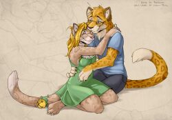  anthro avoid_posting digital_media_(artwork) duo eyewear felid female glasses hug keihound leopard male mammal pantherine romantic romantic_ambiance romantic_couple simple_background sitting smile tan_background wolfy-nail 