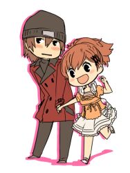  1boy ai-wa aragaki_shinjirou bad_id bad_pixiv_id beanie blush brown_hair buttons chibi coat couple double-breasted dress female hair_ornament hat headphones holding_hands persona persona_3 persona_3_portable ribbon shiomi_kotone smile straight trench_coat 