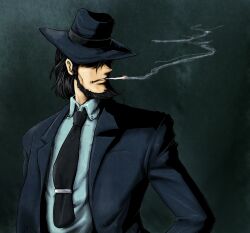  1boy beard black_hair cigarette commentary_request facial_hair formal grey_background hat hat_over_eyes highres jigen_daisuke ledjoker07 lupin_iii male_focus necktie smoke smoking suit tie_clip upper_body 