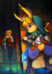  1boy ahoge arm_at_side armor black_eyes blonde_hair bottomless breastplate brick_wall cape closed_mouth cornelius_(odin_sphere) dual_persona dutch_angle furry furry_male gauntlets gloves hand_on_own_chin hand_on_own_hip hiding highres hood light_frown looking_away odin_sphere official_art pants pinstripe_pants pinstripe_pattern pooka_(odin_sphere) rabbit_boy shaded_face shigatake smile standing striped stroking_own_chin sweat sword tile_floor tiles vertical_stripes waiting walking wall weapon weapon_on_back 