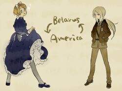  1boy america_(hetalia) axis_powers_hetalia bad_id bad_pixiv_id belarus_(hetalia) blonde_hair blue_eyes bomber_jacket cosplay costume_switch crossdressing du_k_alice female glasses jacket necktie pantyhose ponytail purple_eyes 