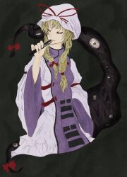  baten_(gei-vorugu) blonde_hair closed_mouth commentary_request disembodied_mouth dress eyeball female folding_fan gap_(touhou) hand_fan hat hat_ribbon highres horror_(theme) long_hair purple_eyes ribbon smile solo teeth touhou yakumo_yukari 