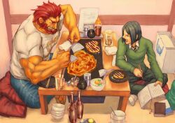  2boys bad_id bad_pixiv_id beard black_eyes black_hair bottle cooking facial_hair fate/zero fate_(series) food griddle highres iskandar_(fate) male_focus multiple_boys no_shoes okonomiyaki red_eyes red_hair shirt t-shirt waver_velvet yuutairui_(sukima_sangyou) 