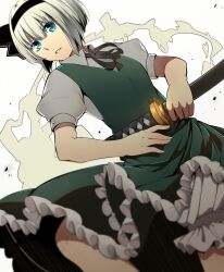  ashiwara_yuu black_hairband blue_eyes blurry commentary_request female grey_hair hairband highres hitodama katana konpaku_youmu konpaku_youmu_(ghost) parted_lips short_hair simple_background solo sword touhou weapon white_background 