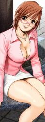  breasts brown_eyes brown_hair female glasses hana-san_no_kyuujitsu highres jewelry large_breasts necklace no_bra office_lady photoshop_(medium) saigado short_hair skirt smile solo wakai_hana 