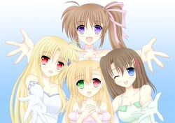  4girls bare_shoulders blonde_hair blue_eyes brown_hair commentary_request elbow_gloves fate_testarossa gloves green_eyes hair_ornament hair_ribbon heterochromia long_hair lyrical_nanoha mahou_shoujo_lyrical_nanoha_strikers multiple_girls one_eye_closed open_mouth outstretched_hand photoshop_(medium) purple_eyes raikkonen713 red_eyes ribbon side_ponytail takamachi_nanoha very_long_hair vivio yagami_hayate 